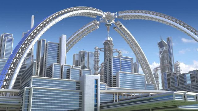 3D Animation of a futuristic city with an arched structure, highrise buildings and terraces, for architectural backgrounds. 
