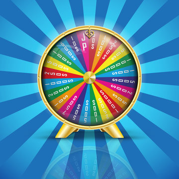 Realistic vector illustration of a wheel of fortune on a blue background with rays