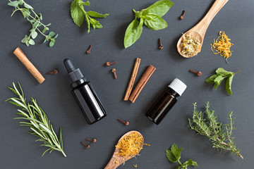 Selection of essential oils and herbs on a dark background