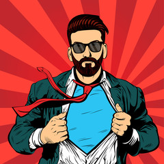Hipster beard male businessman pop art retro vector illustration. Strong Businessman in glasses in comic style. Success concept. - obrazy, fototapety, plakaty