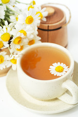 cup of herbal chamomile tea with fresh daisy flowers. doctor treatment and prevention of immune concept, medicine - folk, alternative, complementary, traditional medicine 