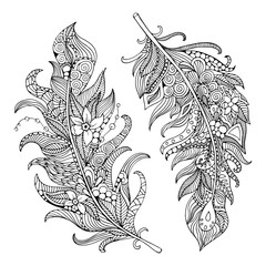 Feather coloring page. Hand-drawing feather