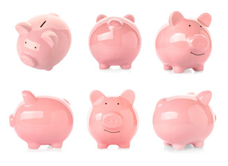 Different views of piggy bank on white background