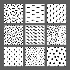 Hand drawn ink seamless pattern set. Simple Vector backgrounds with dots, stripes, lines, waves, hearts, scratches.
