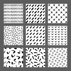 Hand drawn ink seamless pattern set. Simple Vector backgrounds with dots, stripes, lines, waves, hearts, scratches.