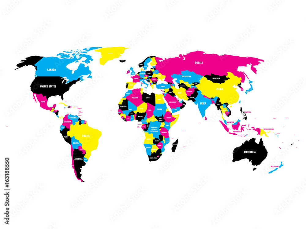 Poster Political map of World in CMYK colors with country name labels. Isolated on white background. Vector illustration. - Posters