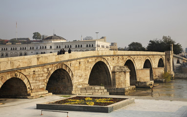 Stone Bridge over Vardar River in Skopje. Macedonia