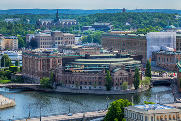 Beautiful aerial view of Stockholm Old town (Gamla Stan) from the observation deck at the City Hall (Stadshuset). Stockholm, Sweden.