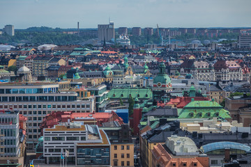 Beautiful aerial view of Stockholm Old town (Gamla Stan) from the observation deck at the City Hall (Stadshuset). Stockholm, Sweden.