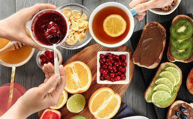 Family having breakfast together at table