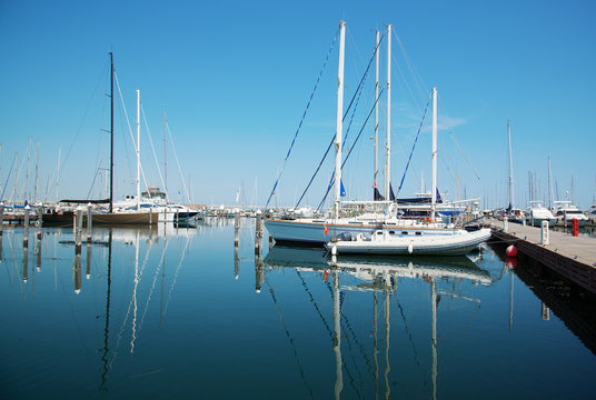 White yachts in the port waiting. Misano Adriatico, Emilia Romagna, Italy