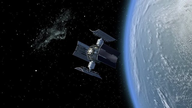 3D Animation of a space station satellite flying around Earth with reflective solar panels and an interchangeable modular structure.