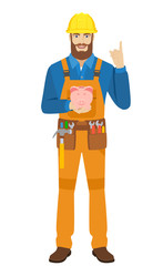 Worker with piggy bank and digital tablet