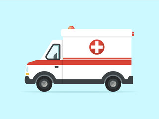 Vector Illustration of Ambulance Car on Blue Background. Flat Design Style. 