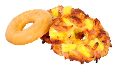 Ham and pineapple pizza bagels isolated on a white background