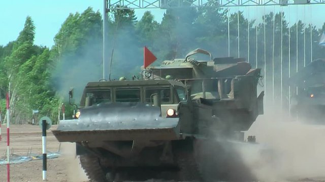 Tyumen, Russia - June 23, 2017: Army Games. Engineering Formula contest. Highest military and engineering school ground. Speed motion of MDK vehicle