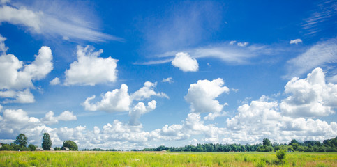 Blue, cloudy sky over green field. Summer landscape background.