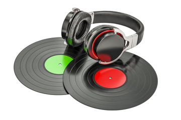 Headphones with vinyl records, 3D rendering