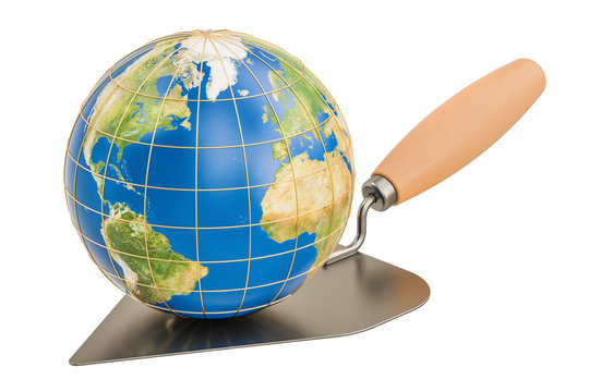 masonry trowel with Earth Globe, 3D rendering