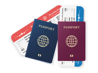 Two passports with boarding passes. Realistic vector illustration isolated on white background.