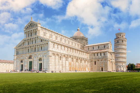 The cathedral with the Leaning Tower in the Piazza dei Miracoli in Pisa