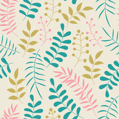 Cute colorful floral seamless pattern with branches and leaves. Doodle forest background. Vector illustration.