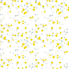 Yellow, gray messy dots. Abstract colorful dotted seamless pattern. Round geometric seamless pattern on white background. Infinity geometrical pattern. Vector illustration.