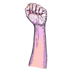 Woman's hand fist raised up freedom sign. Wrist in pink color girl power symbol. Realistic style drawing feminism concept. Emo gothic colors. Vector.