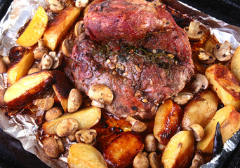 Grilled pork meat with potatoes. barbecue. Selective focus.