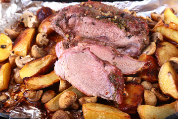 Grilled pork meat with potatoes. barbecue. Selective focus.