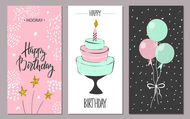 Happy birthday greeting cards and party invitation templates, vector illustration. Hand drawn style.