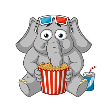 Big collection vector cartoon characters of elephants on an isolated background. Watching movie in 3D glasses eating popcorn