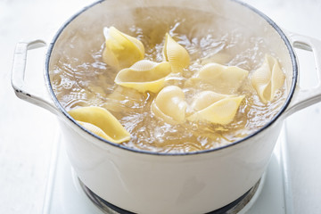 Fresh boiled cooked large seashell italian pasta (Italian bronze die conchiglion)