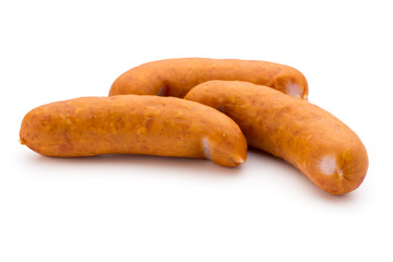 Sausage and spices isolated on white background, fresh delicious frankfurter.