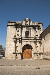 Exterior of Las Capuchinas, 18th-century church & convent ruins, in colonial city & UNESCO World Heritage Site of Antigua.