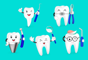 Cute cartoon tooth happily with dental tool. Dental care concept. Illustration isolated on green background.