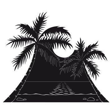 Two palms tilted to each other stand on a sea beach under the sun in black and white