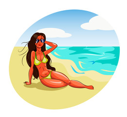 Hot girl in bikini on a beach. Vector illustration