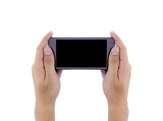 hand holding black phone isolated on white clipping path inside