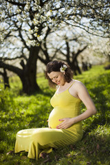Fototapeta premium Young beautiful pregnant woman, blooming garden