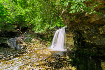Fototapeta premium Oszałamiający, zachwycający widok na Ontario, urwisko Niagary, wodospad Halton Hills w lesie w słoneczny letni dzień