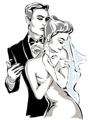 Wedding Day invitation with dancing couple bride and groom