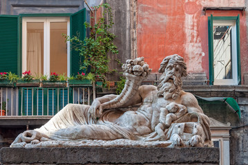 The marble statue of the Nile God in front of the church of Santa Maria Assunta dei Pignatelli -...