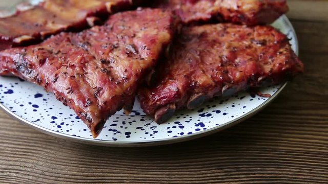 Homemade smoked barbecue pork ribs ready to eat
