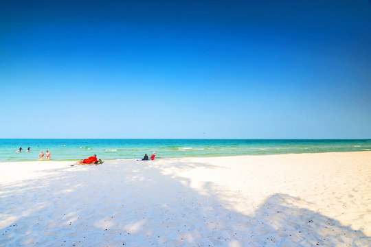 Hua Hin, Prachuap Khiri Khan, Thailand : April 4, 2017, Travaler on the beach, blue water,Thailand Hua Hin beach.
