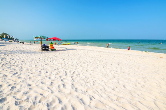 Hua Hin, Prachuap Khiri Khan, Thailand : April 4, 2017, Travaler on the beach, blue water,Thailand Hua Hin beach.