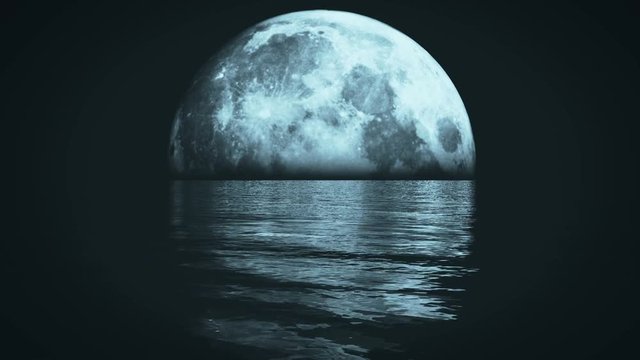 4k Full Moon on the water at night,reflect on the sea,Science Fiction Scene.