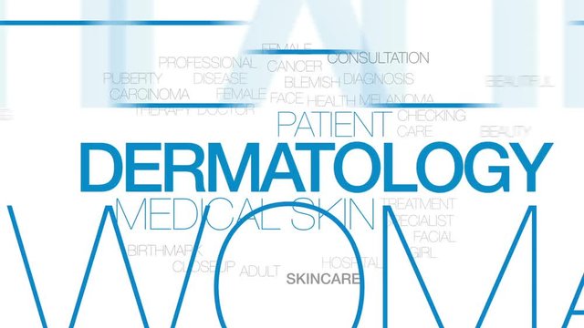 Dermatology animated word cloud, text design animation. Kinetic typography.