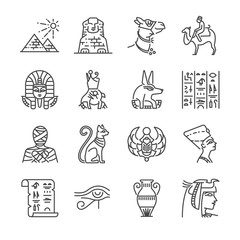 Egypt line icon set. Included the icons as Pharaoh, pyramid, mummy, Anubis, Camel and more.