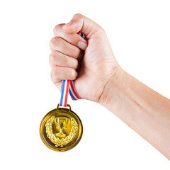 handful of asian man holding gold medal isolated on white background.